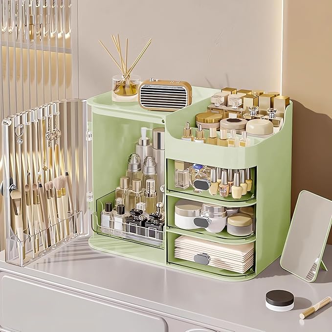 DASITON Makeup Organizer for Vanity,Large Capacity Makeup Storage Organizer with 3-Layer Drawers and Mirror,Cosmetics Display Case Make up Organizers for Vanity,Bedroom,Countertop(Green)