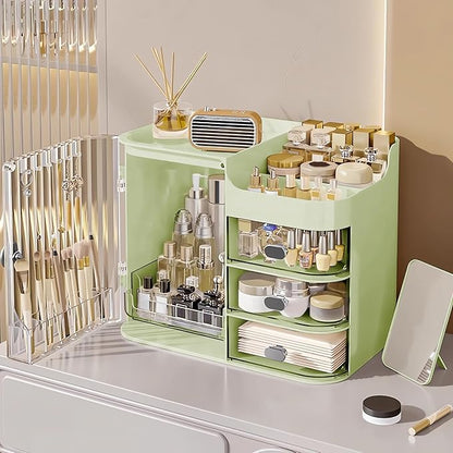 DASITON Makeup Organizer for Vanity,Large Capacity Makeup Storage Organizer with 3-Layer Drawers and Mirror,Cosmetics Display Case Make up Organizers for Vanity,Bedroom,Countertop(Green)