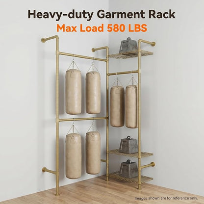 Wall Mounted Closet System – Adjustable Clothing Rack with 2 Expandable Rods & 3 Shelves, Heavy Duty Industrial Pipe Clothes Rack for Closet Organizer and Storage, Gold