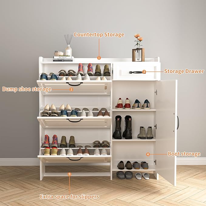 Shoe Cabinet for Entryway, Freestanding Shoe Storage Cabinet with 3 Flip Drawers and Side Cabinet, Narrow Shoe Rack Organizer with Adjustable Shelves, Modern Slim Hidden Shoe Cabinet, White