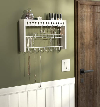 JackCubeDesign - Wood Wall Mount Jewelry Organizer with Metal Hooks for Necklaces, Ring, Earrings (White Wood) - MK460C