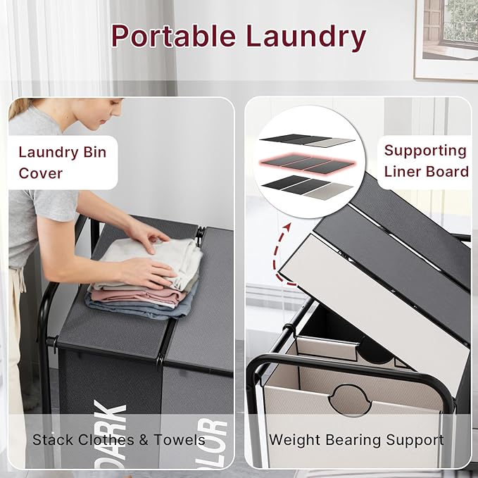 180L Laundry Sorter 3 Section – Heavy Duty Rolling Laundry Basket with Lockable Wheels and Lid, 3 Large Separate Removable Bags, Laundry Hamper Cart for Laundry Room Organizer (Multicolor)