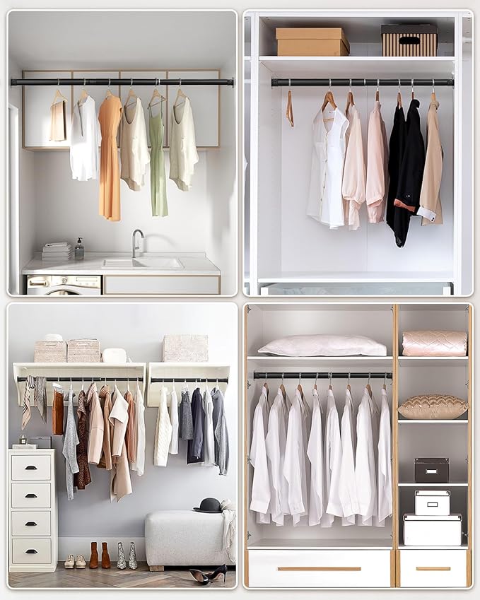 Closet Rods for Hanging Clothes - Heavy Duty, Length Adjustable (Black, 66.5" - 76")