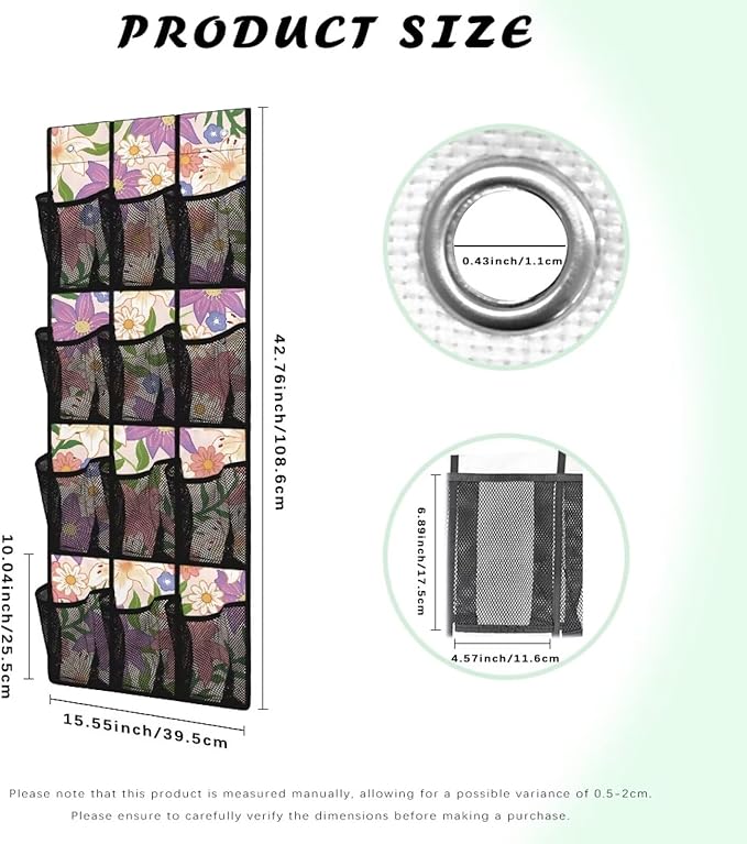 12 Large Mesh Pockets Floral Over the Door Shoe Organizer Sturdy Oxford Fabric Hanging Shoe Rack for Closet Organizers and Storage