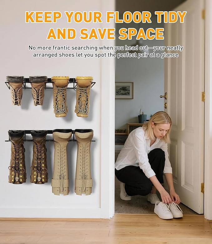 Boot Rack Wader Hanger Wall Mounted- (4 Pair) Sturdy Metal Boot Organizer, Tall Shoe Holder for Closet, Entryway, Indoor, Garage