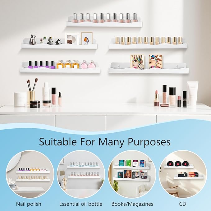 Nail Polish Wall Rack, 6-Shelf 15-Inch White Acrylic Nail Polish Shelves with Removable Ends – Multi-Purpose Shelf for Essential Oils, Cosmetics Storage and Display for Salons and Bathrooms