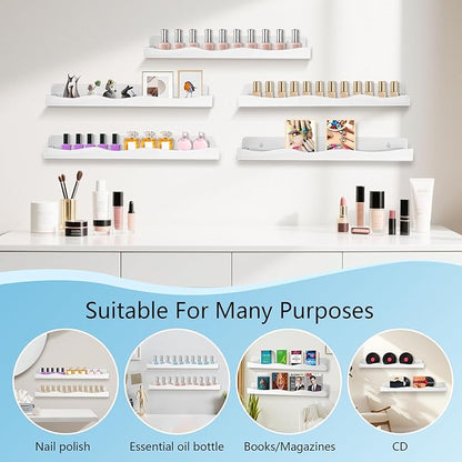 Nail Polish Wall Rack, 6-Shelf 15-Inch White Acrylic Nail Polish Shelves with Removable Ends – Multi-Purpose Shelf for Essential Oils, Cosmetics Storage and Display for Salons and Bathrooms