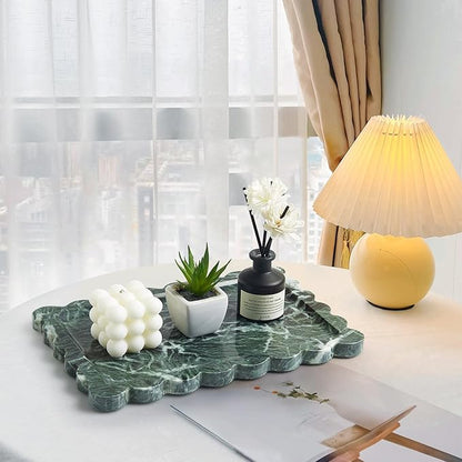 Real Natural Scalloped Green Marble Tray for Bathroom, Vanity, Kitchen and Desktop, Decorative Stone Tray for Jewelry, Cosmetics, Candles, Lotion, Perfume and Home Decor (12" L x 8" W)