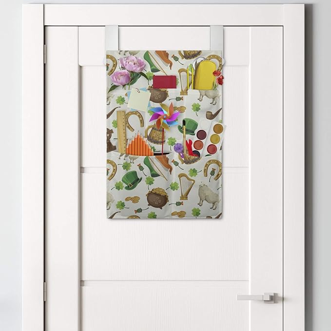 Ambesonne Clover Hanging Pocket Organizer, Irish Culture Themed Pattern Beer Horse Shoe Coin Pot Leprechaun Hat, Printed Polyester Storage Bag with Pockets, 14" x 20", Ivory Multicolor