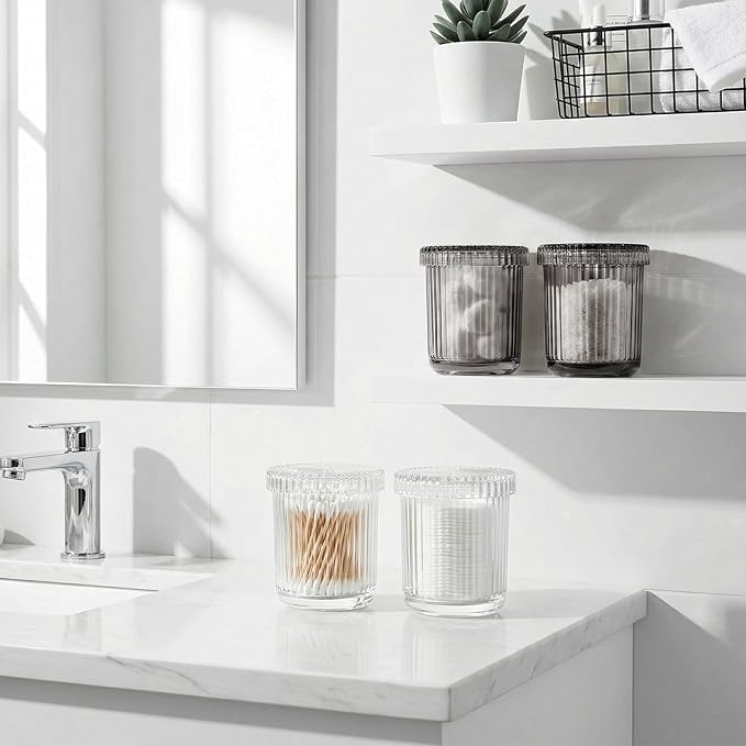 2 Pack Qtip Holder - Apothecary Jars with Lids, Bathroom Organizers and Storage Canister for Cotton Balls,Swabs,Floss Picks,Hair Ties,Clear Glass Vintage Bathroom Decor Jar Set (Gray)