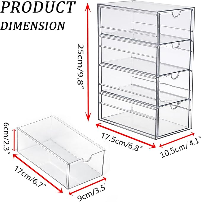 Hipiwe Plastic Drawer Organizer Clear Hair Accessories Organizer Box with 4 Pull Out Drawer Compact Storage Box for Cabinet Vanity Bathroom Pantry Office or Closet Organization