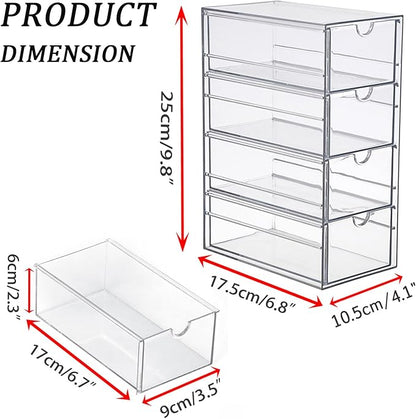 Hipiwe Plastic Drawer Organizer Clear Hair Accessories Organizer Box with 4 Pull Out Drawer Compact Storage Box for Cabinet Vanity Bathroom Pantry Office or Closet Organization