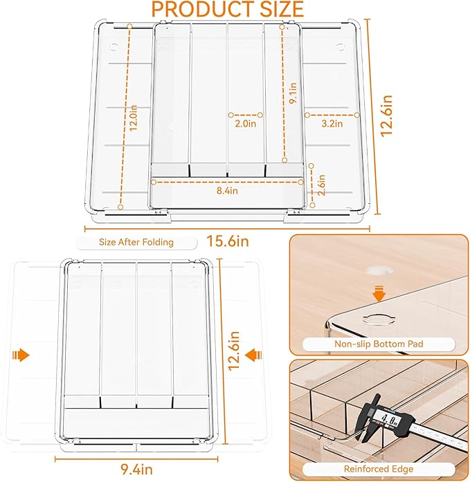 Yieach Clear Expandable Silverware Drawer Organizer,9.4-15.6In Adjustable Silverware Tray for Drawer,Acrylic Kitchen Utensil Drawer Organizer for Cutlery,Flatware Organizers and Fork and Spoon Holder