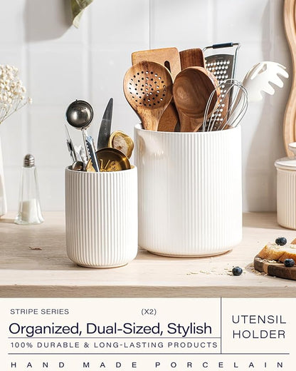 getstar Large Rotating Utensil Holder for Kitchen Counter,7.2"+5.4" Ceramic Utensils Crocks Set for Countertop Large & Small Utensil Organizer for Spatula Farmhouse Kitchen Decor