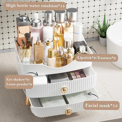 Makeup Organizer Countertop, Large Capacity Skincare Cosmetic Organizer for Vanity with 2 Drawers, Cosmetic Display Cases Makeup Storage Box for Bedroom, Bathroom, Ideal Gifts for Women(White)