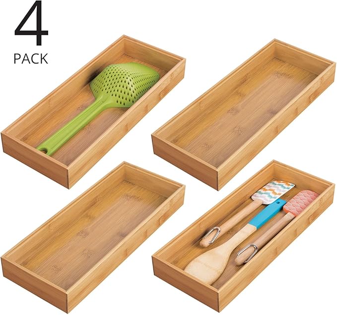 mDesign Wooden Bamboo Drawer Organizer - 15" Long Stackable Storage Box Tray for Kitchen Drawers/Cabinet - Utensil, Silverware, Spatula, and Flatware Holder - Echo Collection - 4 Pack, Natural Wood