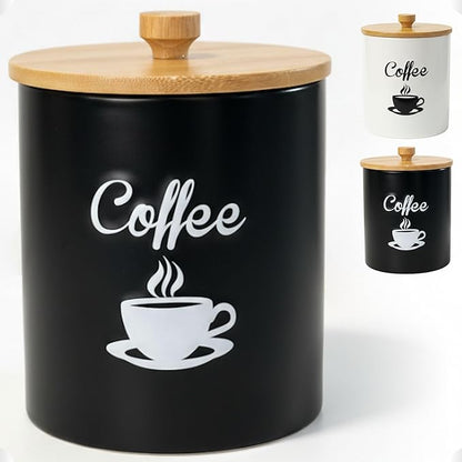Ceramic Coffee Canister - 12 oz Black Airtight Canister - 5 x 6 inch Coffee Bean Storage Container - Stylish Countertop Container for Grounds, Beans, Pods & More with Rubber-Lined Bamboo Lid