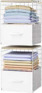 2 Pack Stackable Storage Drawers, Closet Organizers and Storage Shelves with Wooden Top & Adjustable Dividers, White Fabric Closet Drawer Organizer, Modular Storage Bins for Bedroom Wardrobe Apartment