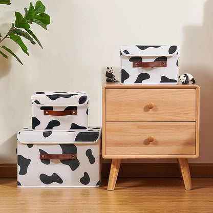 2PCS Storage Bins with Lid Cow Print Cute Fabric Storage Basket Box Faux Leather Handles PP Plastic Board Foldable Washable Lidded Cotton Linen Closet Shelf Organizer Container (Large Size)