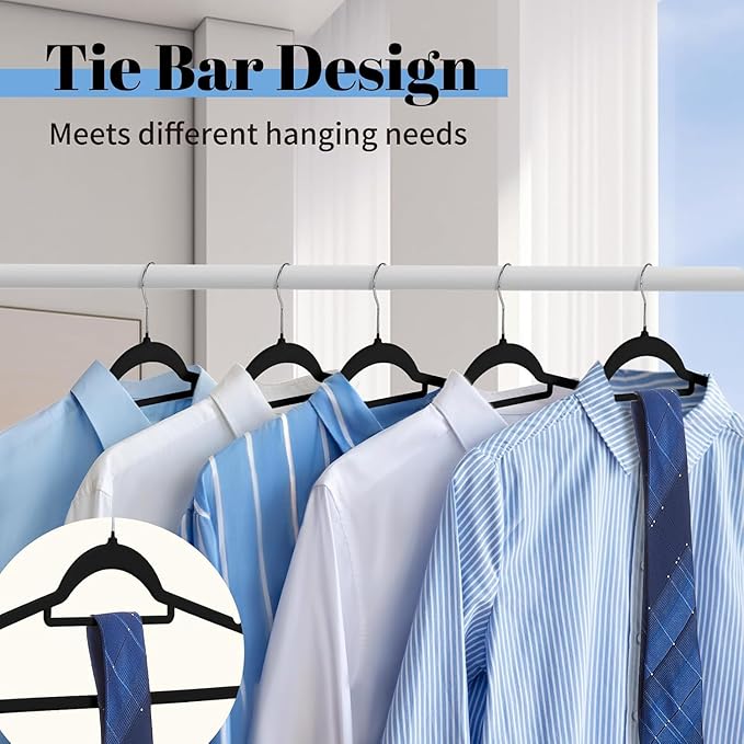 Smartor Velvet Hangers with Tie Bar 120 Pack, Non Slip Clothes Hangers with Shoulder Notches, Premium Slim Space Saving Felt Hanger for Closet Organizers and Storage, Heavy Duty Hanger for Coat, Black