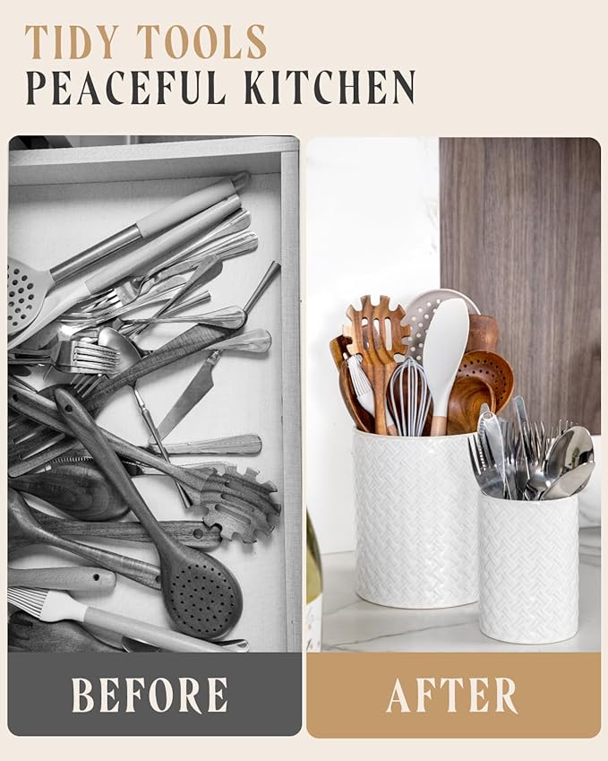 Nucookery Utensil Holder, Extra Large Ceramic Utensil Crock for Kitchen Counter, Stable Spatula & Flatware Organizer, Farmhouse Embossed Kitchen Decor, Set of 2 (Woven Pattern)