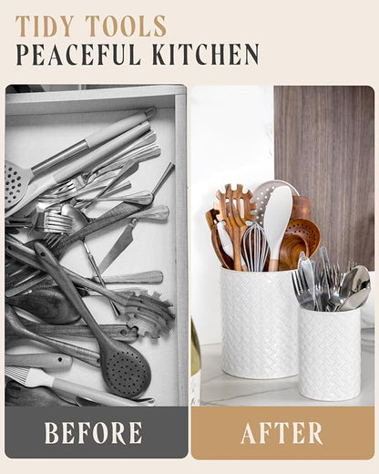 Nucookery Utensil Holder, Extra Large Ceramic Utensil Crock for Kitchen Counter, Stable Spatula & Flatware Organizer, Farmhouse Embossed Kitchen Decor, Set of 2 (Woven Pattern)