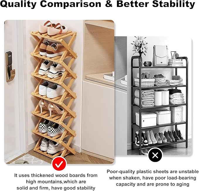 YYW Bamboo Shoe Rack for Entryway, Free Free Standing Shoe Racks Shelf Closet, Widen Foldable Vertical Shoe Storage Organizer for Living Room