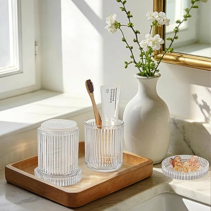 SheeChung Glass Qtip Holder Dispense, 4-Pack Apothecary Jars - Bathroom Accessories Organizer for Cotton Swabs, Balls, Pads Floss Picks -Bathroom Accessories Decor