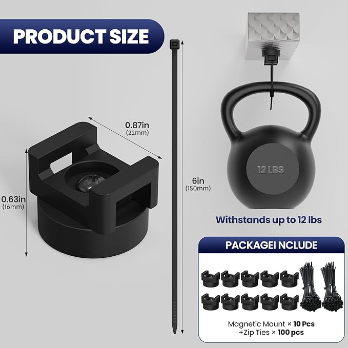 Multipurpose Magnetic Cable Zip Tie Mounts - Includes 10pcs Magnet Cable Mount & 100pcs Zip Ties, 22mm Magnetic Zip Tie Wire Holder Organizer for Home, Office, Car, Garage Cable Management