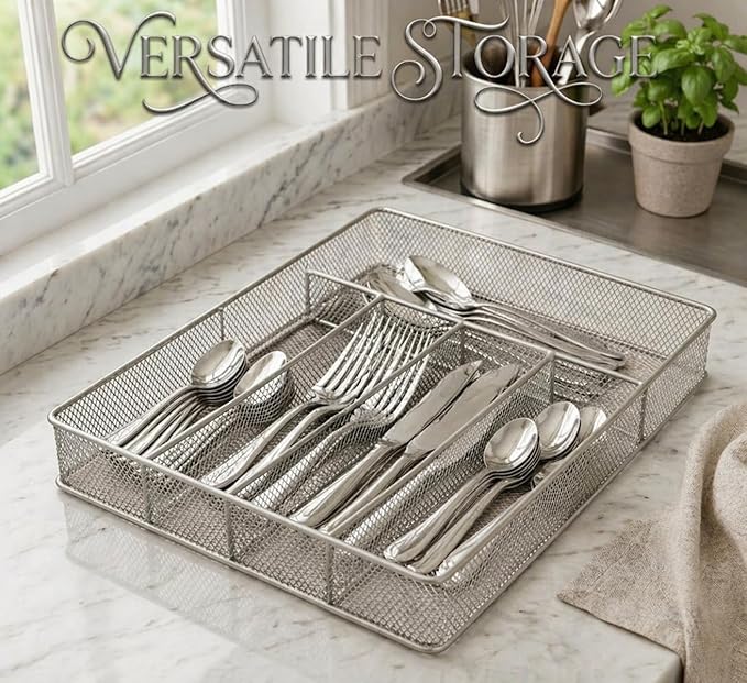 Ybm Home Silver Mesh Cutlery Holder In-drawer Utensil Flatware Organizer/tray size 12-1/2 By 9-1/4 By 2 Inches (5-compartment)