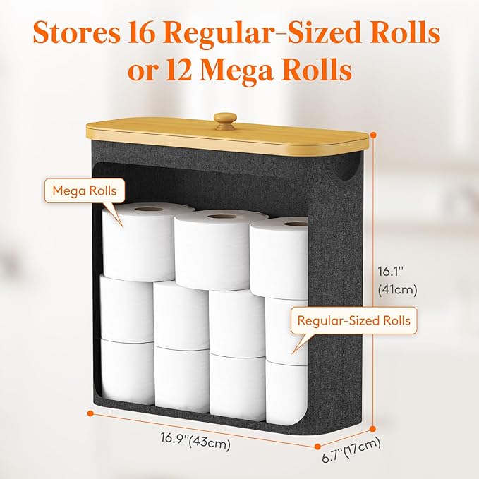 Lifewit Toilet Paper Storage Holder for 12 to 16 Rolls, Free Standing Toilet Paper Basket Stand with Bamboo Lid, Collapsible Fabric Bathroom Organizer Box for Mega Rolls, 30L, Extra Large, Dark Gray