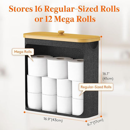 Lifewit Toilet Paper Storage Holder for 12 to 16 Rolls, Free Standing Toilet Paper Basket Stand with Bamboo Lid, Collapsible Fabric Bathroom Organizer Box for Mega Rolls, 30L, Extra Large, Dark Gray