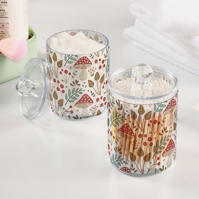 2 Pack Apothecary Jars Bathroom Mushroom Leaves Qtip Holder Dispenser Clear Plastic Storage Canister Jar with Lid for Cotton Ball, Cotton Swab