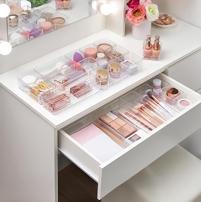 STORi SimpleSort 18-Piece Stackable Clear Drawer Organizer Set | Multi-size Trays | Makeup Vanity Storage Bins and Office Desk Drawer Dividers | Made in USA