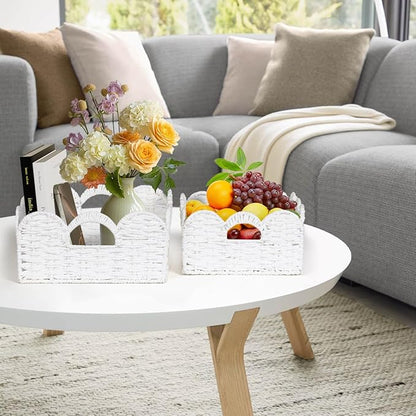Graciadeco Scalloped Wicker Basket Natural Paper Rope Storage Baskets with Handles Handwoven Organizer Bin Wicker Storage Baskets for Home Decor, Organizing, 2 Pack (White)