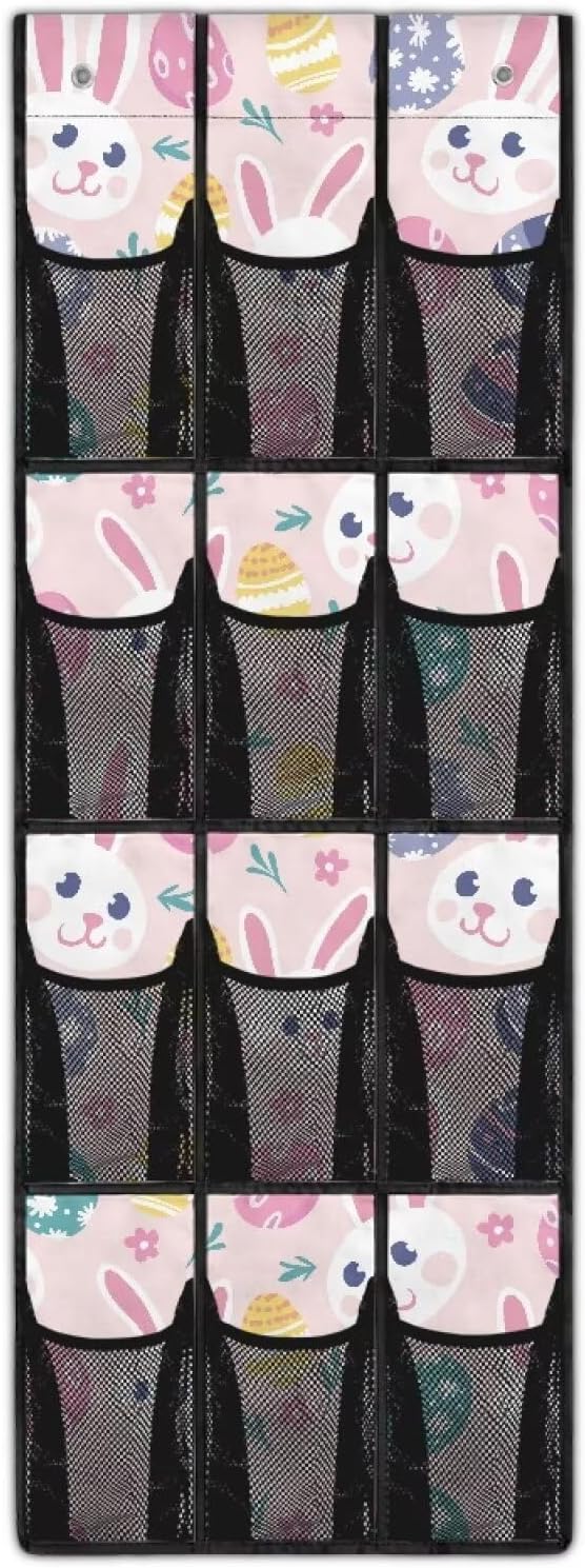 12-Pocket Storage Hanging Bag Behind the Door, Over the Door Organizer for Shoes Toys and Bathroom Essentials, Fabric Door Organizer for Bedroom Closet Dorm, Easter Bunny Eggs