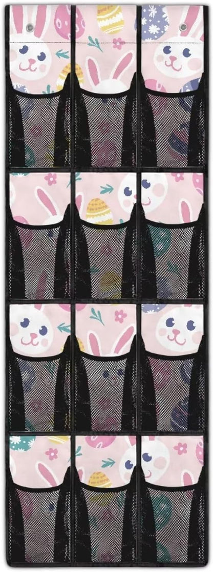 12-Pocket Storage Hanging Bag Behind the Door, Over the Door Organizer for Shoes Toys and Bathroom Essentials, Fabric Door Organizer for Bedroom Closet Dorm, Easter Bunny Eggs