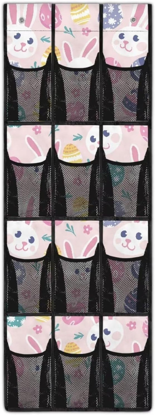 12-Pocket Storage Hanging Bag Behind the Door, Over the Door Organizer for Shoes Toys and Bathroom Essentials, Fabric Door Organizer for Bedroom Closet Dorm, Easter Bunny Eggs