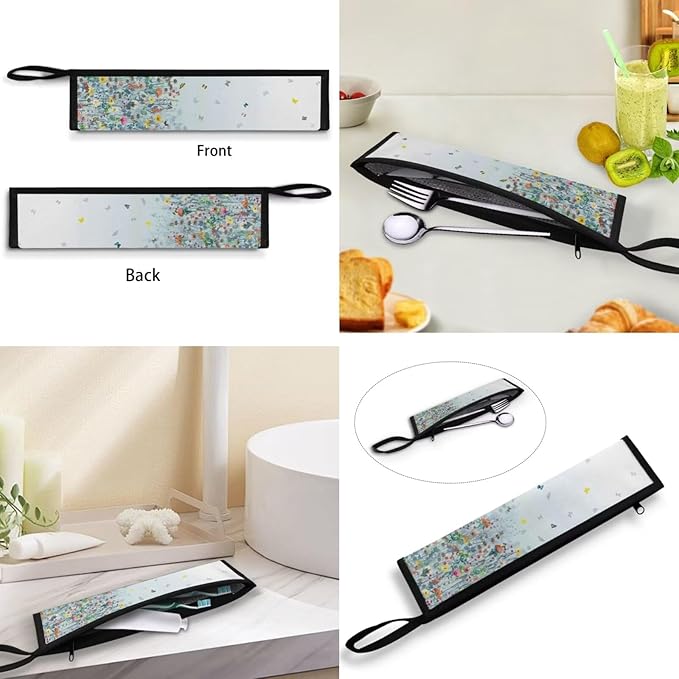 COEQINE Floral Utensil Holder Blue Butterfly Silverware Organizer Case With Handles Reusable Portable Travel Tableware With Zipper for Home Travel Portable Accessories Storage Frok Knife Spoon
