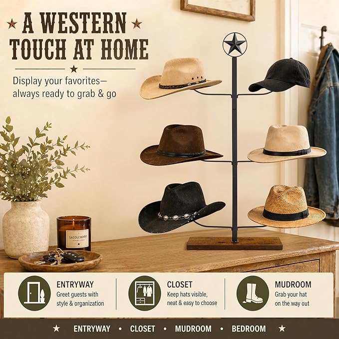 Cowboy Hat Rack for Retail Display, 6 Hat Countertop Hat Display Stand with Wood Base, Freestanding Hat Display Rack and Western Hat Organizer for Cowboy Hats, Fedoras, Caps, Vendor Booth, Closet