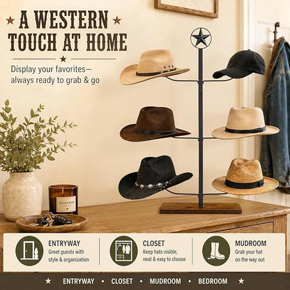 Cowboy Hat Rack for Retail Display, 6 Hat Countertop Hat Display Stand with Wood Base, Freestanding Hat Display Rack and Western Hat Organizer for Cowboy Hats, Fedoras, Caps, Vendor Booth, Closet