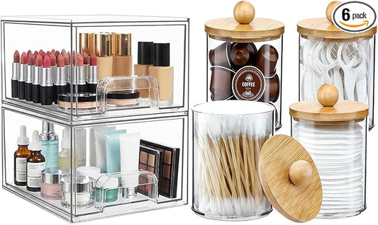 6 Pack Clear Stackable Storage Drawers & Qtip Holder Dispenser with Bamboo Lids, Acrylic Drawer Containers Plastic Organizer Bins for Makeup, Bathroom, Cabinet, Undersink