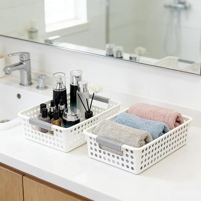 Soddeph 4 Pack Small Plastic Storage Baskets for Organizing, Stackable Bins with Handles for Shelves, Multipurpose Drawer Trays (White)