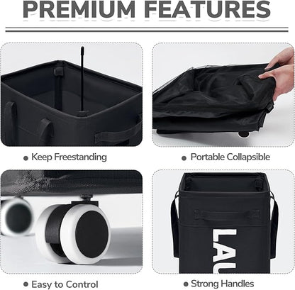 CHICVITA Laundry Hamper with Wheels & Removable Wash Bags -2 Pack, 75L Tall Laundry Basket for Dorms, Large Collapsible Hamper for Corner Spaces - Black