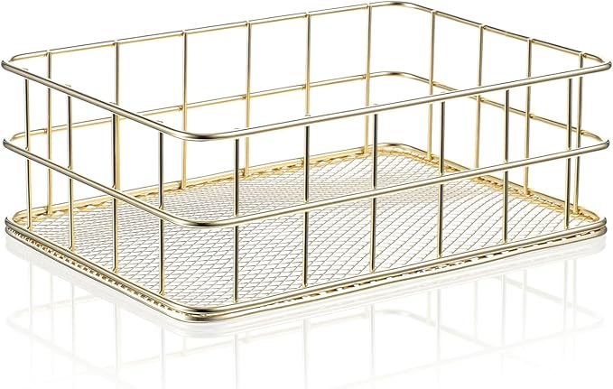 Gold Wire Basket, 6.8x4.8 Inch Gold Small Metal Basket, Versatile Mesh Storage Bin for Home Organization | Decorative Gold Shelf Basket for Home, Desk & Cosmetic Stationery