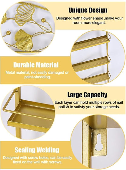 EBANKU Metal Nail Polish Racks, Gold Flower Shape Display Rack Cosmetic Display Case Lipstick Perfume Wall-mounted Shelf Essential Oil Organizer for Home Spa Nail Salon Shop