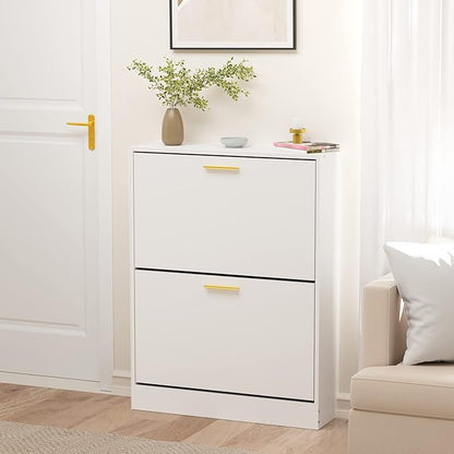 JOZZBY Shoe Cabinet Storage for Entryway, Slim White Hidden Shoe Organizer Cabinet with 2 Flip Drawers, Wooden Narrow Shoe Rack with 2 Tier Freestanding for Hallway, Living Room