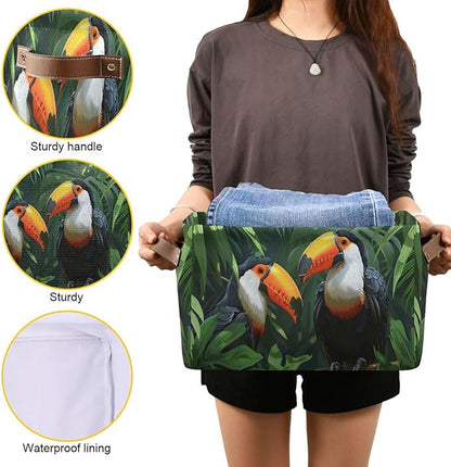 Large Storage Basket Toucans Couple Storage Bin Cube Canvas Fabric Organizer Handles Collapsible for Clothes Toys Bedroom Decorative
