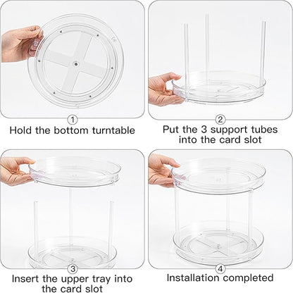 360° Rotating Makeup Organizer, Adjustable Spinning Cosmetic Carousel with Brush Holder and Perfume Tray - Large Capacity Clear Display Case for Vanity and Bathroom Countertop (Double-Deck)