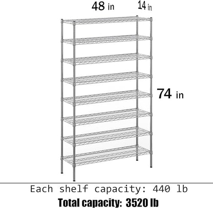 14" Deep x 48" Wide x 74" Height Wire Shelving Kit | 8-Tier | NSF Commercial Storage Rack Unit